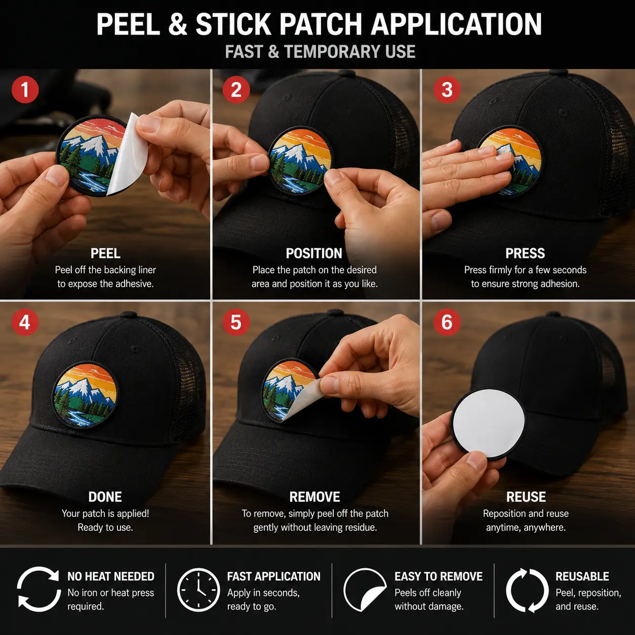 Peel and stick patch backing for fast temporary application